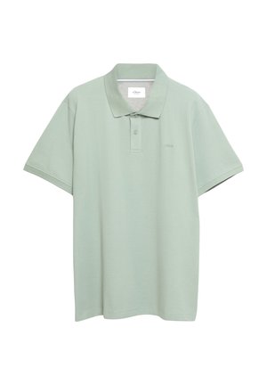 Jasnozielona koszulka polo z krótkim rękawem, kołnierzykiem i dwoma guzikami, jednolity design, przedstawiona na białym tle.
