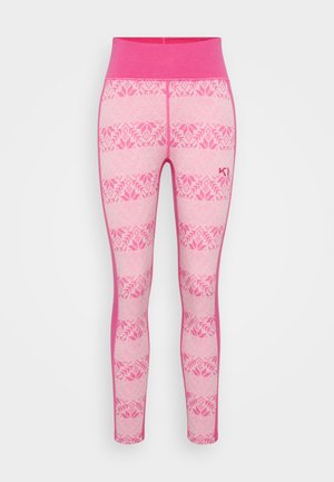Rosa Leggings mit einem strukturierten Blumenmuster, ausgestattet mit einem breiten Bund und kontrastierenden Seitenpaneelen. Das Material scheint dehnbar und figurschmeichelnd zu sein.