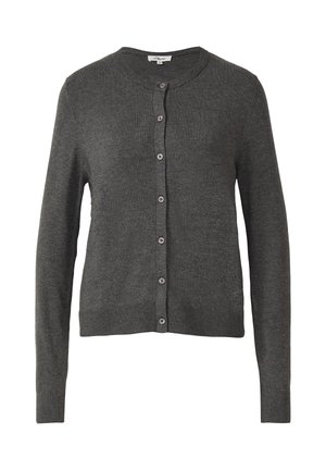 Cardigan en tricot gris avec manches longues, col rond et fermeture à boutons sur le devant. Texture lisse avec un ourlet et des poignets côtelés.