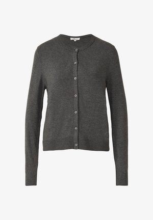 Harmaa neulottu kardigan, jossa on pitkät hihat, pyöreä kaula-aukko ja napitettava etuosa. Silkkinen pinta, jossa on ribbireunat ja hihansuut.