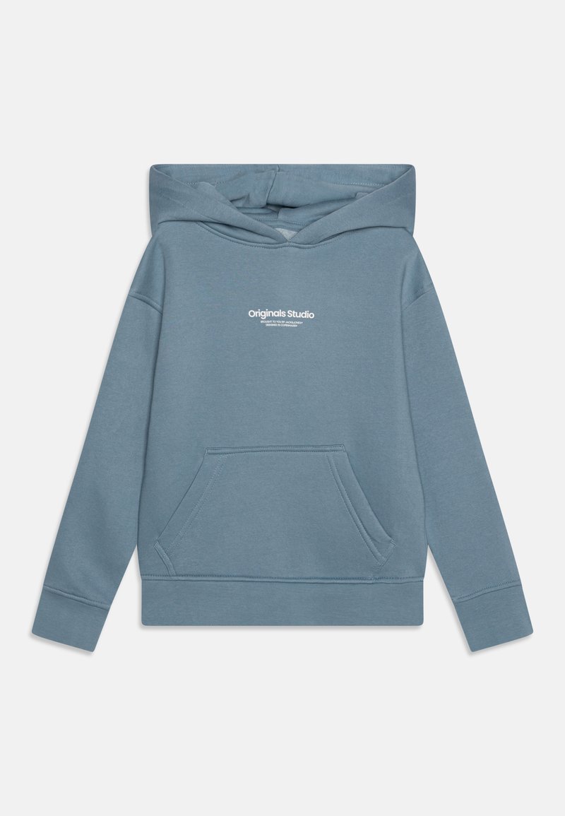 Blauer Baumwollhoodie mit einer vorderen Tasche, verstellbarem Kapuzenrand und weißen Drucktext. Verfügt über gerippte Bündchen und Saum für zusätzliche Stabilität.