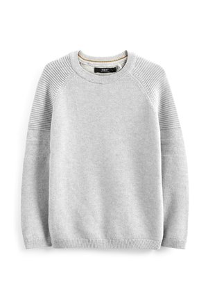 Maglione grigio chiaro lavorato a maglia con scollo rotondo, maniche raglan e dettagli in rilievo sulle spalle e sulle maniche.