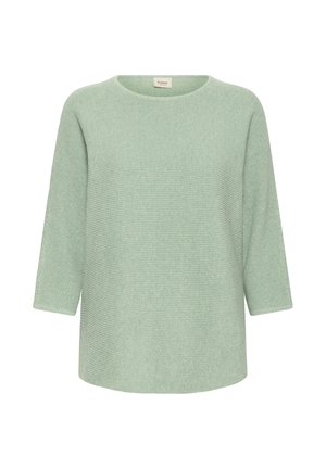 Svijetlozeleni džemper teksturiranog materijala s okruglim izrezom i rukavima tri-četvrt dužine. Ima rebrasti uzorak i opušteni kroj.
