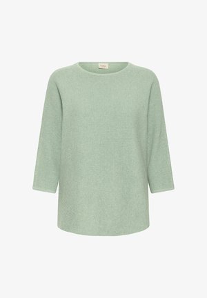 Šviesiai žalias, tekstūruotas megztinis su apvalia iškirpte ir ¾ ilgio rankovėmis. Turi austą dizainą ir laisvą siluetą.