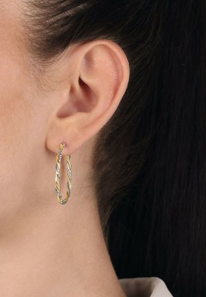 Pendientes de aro retorcidos en colores plata y oro. Textura metálica, forma ovalada, con hebras entrelazadas, colgando del lóbulo de la oreja.