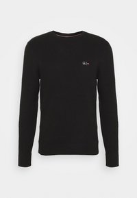 Maglione nero a maglia con texture a costine, collo rotondo e dettaglio del logo sul petto. Tessuto morbido e maniche lunghe standard.