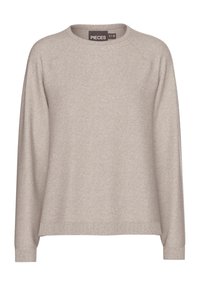 Beige striksvetr med lange ærmer og ribbede manchetter og kant, rund halsudskæring, samt et "PIECES" mærke indeni kraven.