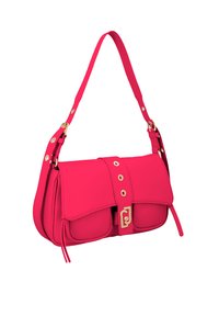 Bolso cruzado sintético rosa con cierre de solapa, detalles en dorado, dos bolsillos frontales y una correa de hombro ajustable.