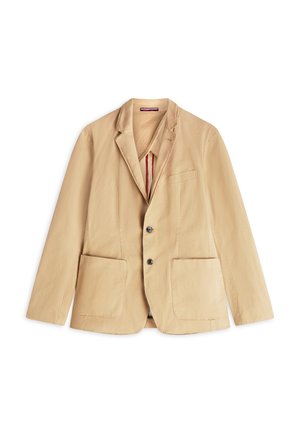 Bézs színű pamut blézer bevágott gallérral, két elülső zsebbel és egyetlen gombos zárással. A belső rész csíkos mintával díszített.