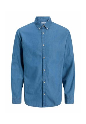 Camicia azzurra in denim con colletto e maniche lunghe. Tessuto semplice con bottoni visibili lungo la parte anteriore.