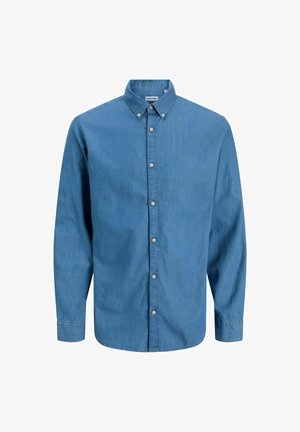 Sinine nööbiga särk, mis on valmistatud denimist, väljas on krae ja pikkade varrukatega. Üksluisest tekstuurist, ees on nähtavad nööbid.