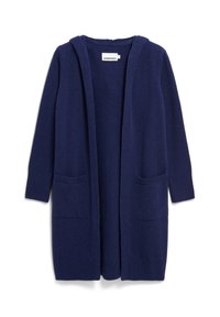Marinblåstickad cardigan med huva, öppen framsida, långa ärmar och två framfickor. Mjuk textur, minimalistisk design.
