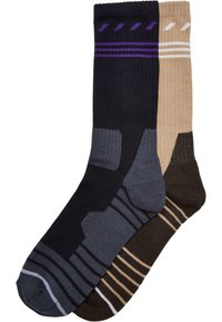 Sorte, grå og brune sokker med ribbet struktur. Har diagonale linjer og striber i lilla, hvid og beige. Forstærket hæl og tå.