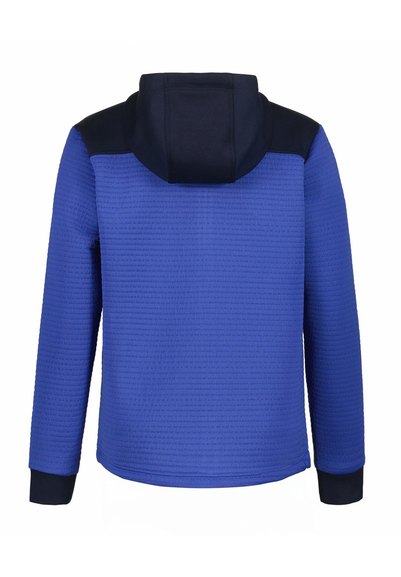 Niebieska bluza z kapturem o fakturowej tkaninie i czarnymi ramionami. Posiada projekt z szerokim kołnierzem oraz długie rękawy z czarnymi mankietami.