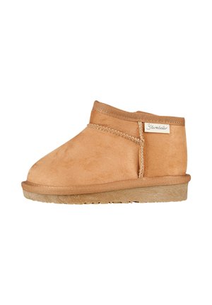 Tan suede ankle boot with a rounded toe, elastic cuff, and a textured rubber sole. Features a stitched seam and a small logo tag.
