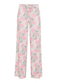 Leichte, weite Hosen mit beigem Hintergrund, die ein farbenfrohes Blumen- und abstraktes Muster in Rosa, Blau und Braun aufweisen. Verstellbarer Kordelzugbund.