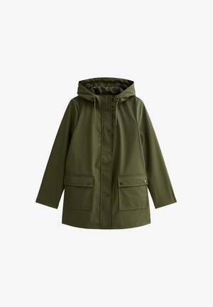 Olivgrön vattentät jacka med huva, tryckknappar och två framfickor. Har en slät, texturerad yta och en avslappnad passform.