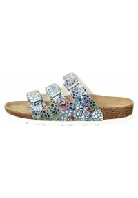 Sandalo a tre cinturini con tomaia multicolore e maculata, soletta in sughero e suola in gomma bianca. Fibbia regolabile per una vestibilità ottimale.
