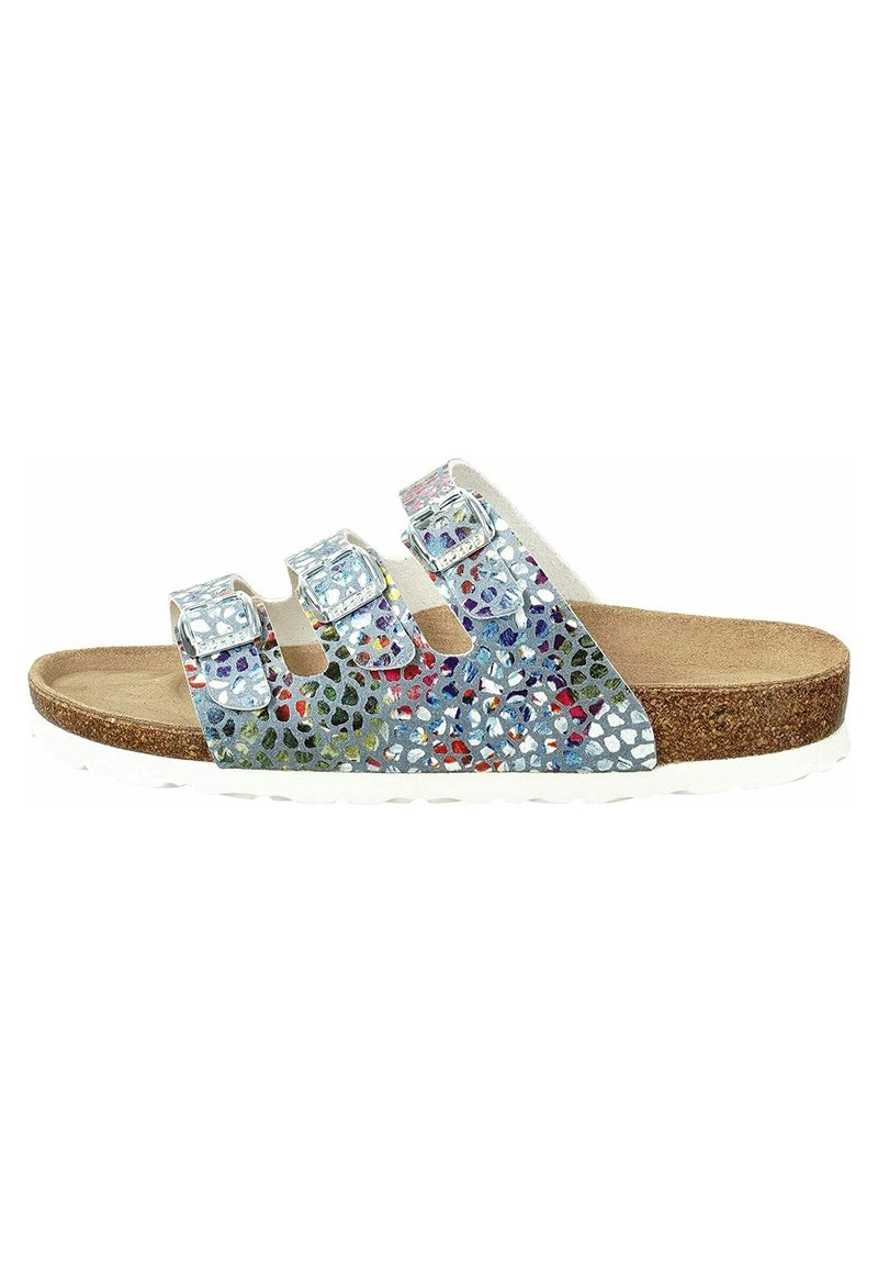 Sandalo a tre cinturini con tomaia multicolore e maculata, soletta in sughero e suola in gomma bianca. Fibbia regolabile per una vestibilità ottimale.