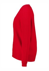 Rode geribbelde trui met een ronde hals, lange mouwen en textured stof; beschikt over een aansluitende tailleband en manchet details.