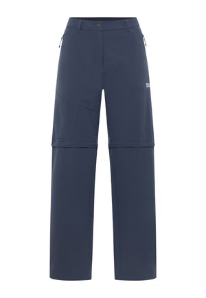 Pantaloni da esterno blu navy realizzati in tessuto resistente, con tasca con zip, cuciture rinforzate e gambe con zip rimovibili per maggiore versatilità.