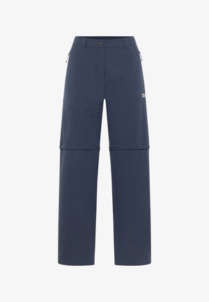 Navy Outdoor-Hosen aus strapazierfähigem Stoff, mit einer Reißverschlusstasche, verstärkten Nähten und abnehmbaren Beinen mit Reißverschluss für Vielseitigkeit.