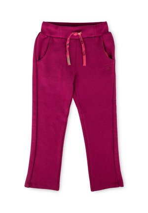 Fuchsia-Trainingshose mit elastischem Bund, Kordelzug, seitlichen Taschen und leicht ausgestellten Beinen am Knöchel. Weicher Stoff, einfaches Design.