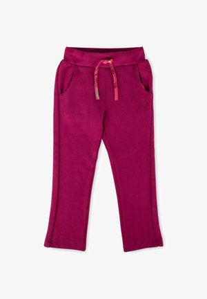 Fuchsia-Trainingshose mit elastischem Bund, Kordelzug, seitlichen Taschen und leicht ausgestellten Beinen am Knöchel. Weicher Stoff, einfaches Design.