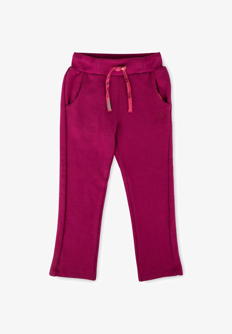 Fuchsia-Trainingshose mit elastischem Bund, Kordelzug, seitlichen Taschen und leicht ausgestellten Beinen am Knöchel. Weicher Stoff, einfaches Design.