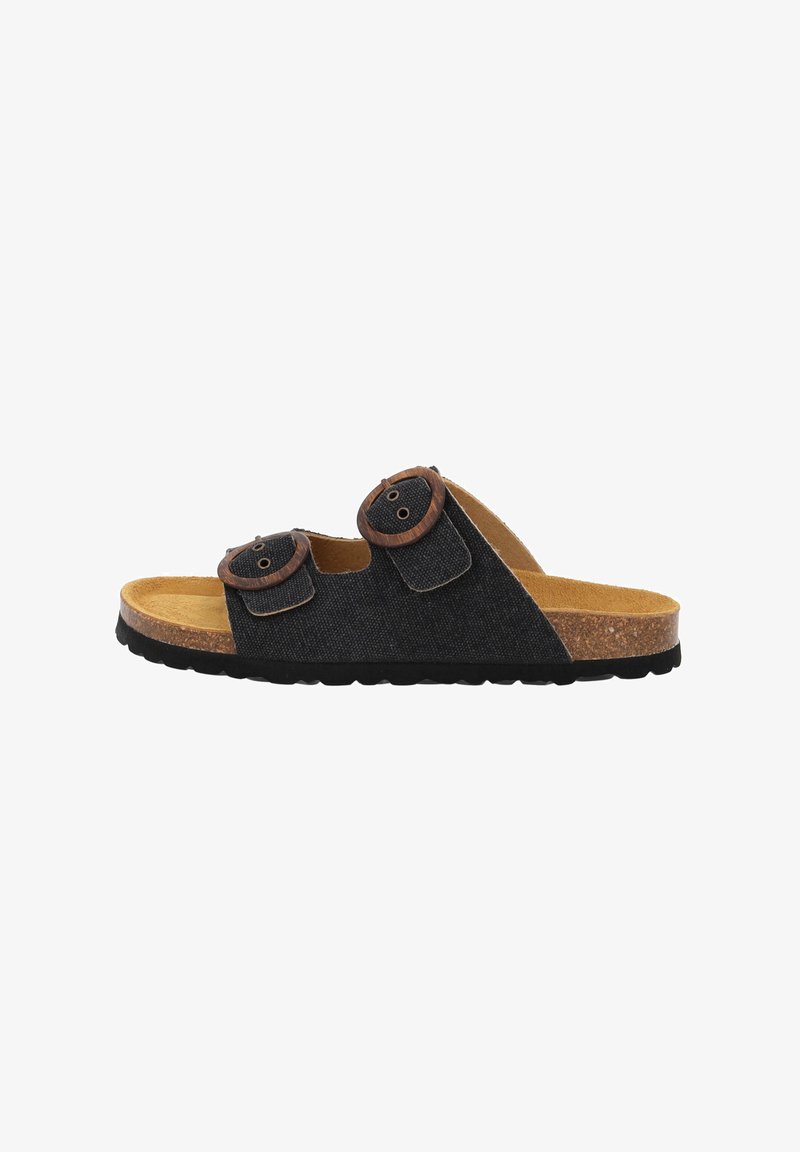 Donkergrijze stoffen slipper met twee bruine ronde gespen, kurken voetbed en een geprofileerde zwarte rubberen zool voor grip.