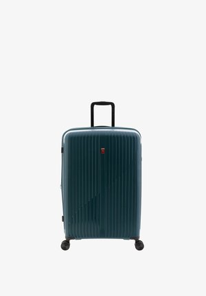 Harde koffer in teal, met verticale ribbels, een telescopische handgreep en vier soepel rollende wielen voor gemakkelijke manoeuvreerbaarheid.
