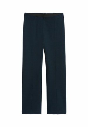 Pantalon bleu marine à jambe droite avec une ceinture lisse et des détails de couture à l'avant, présenté à plat sur un fond blanc.
