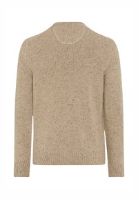 Beige gestrickter Pullover mit runder Ausschnitt, langen Ärmeln und strukturiertem Finish mit mehrfarbigen Sprenkeln. Gerippter Saum.