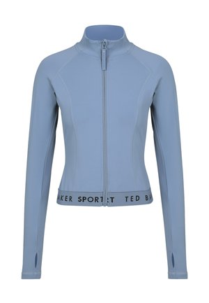 Lichtblauw atletisch jack met lange mouwen en ritssluiting, hoge kraag, duimgaten en elastische tailleband met de tekst "Ted Baker Sport".