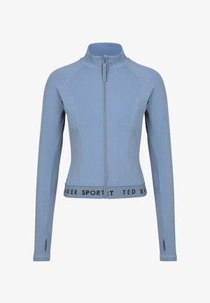 Lichtblauw atletisch jack met lange mouwen en ritssluiting, hoge kraag, duimgaten en elastische tailleband met de tekst "Ted Baker Sport".
