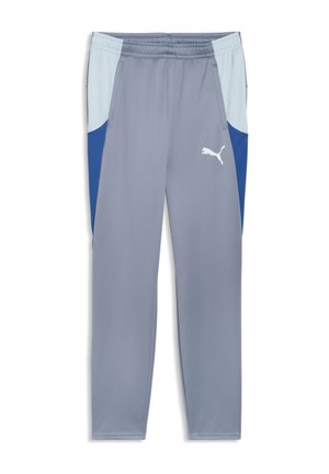 Jasnoszare spodnie sportowe z jasnoniebieskimi i ciemnoniebieskimi panelami bocznymi, elastycznym pasem, kieszeniami oraz białym logo Puma na lewej udzie.