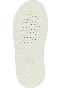 Semelle en caoutchouc blanc avec un motif en diamant texturé, dotée de petites perforations et d'une étiquette Geox au centre.