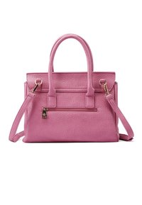Borsa a mano strutturata in pelle rosa con due manici superiori, tracolla rimovibile, tasca frontale con zip e una finitura ruvida.