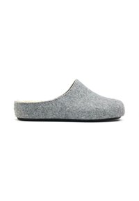 Gray felt slip-on slipper with a rounded toe and soft inner lining. Features a smooth surface and a flat, dark sole for indoor wear.