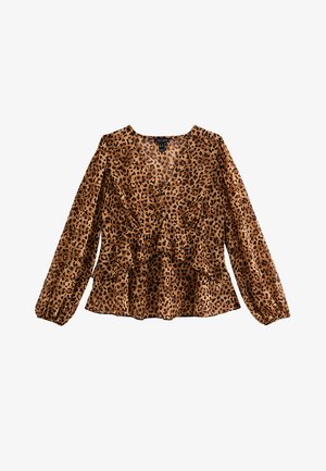 Bluzka w panterkę z dekoltem w serek, długimi bufkami, falbaną na dole i luźnym krojem. Wykonana z lekkiej tkaniny w odcieniach brązu i czerni.