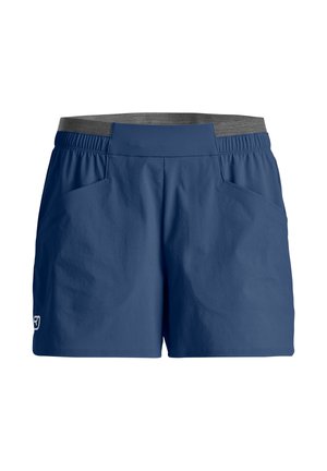 Blaue Sportshorts mit grauem elastischem Bund, seitlichen Taschen und kleinem weißem Logo am linken Beinabschluss.