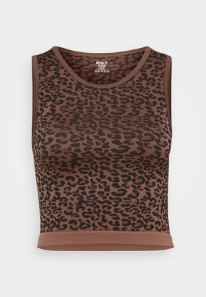 Brown leopard print crop tank top, made of ribbed fabric, featuring a round neckline and a fitted design with a solid brown hem.