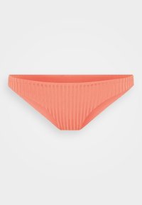 Coral bikini bottom featuring ribbed texture, mid-rise design, and smooth edges. Lightweight fabric suitable for swimwear.
