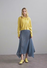 Κίτρινη, υφασμάτινη κάρντιγκαν με στρογγυλή άκρη; ριγωτή μπλε φούστα; κίτρινα παπούτσια με χοντρά τακούνια. Η σκηνή έχει ουδέτερο φόντο και απαλό φωτισμό.