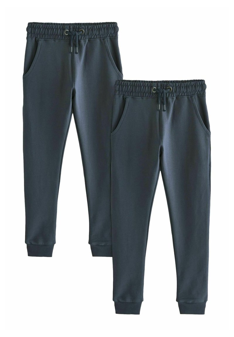 Dunkelgraue Jogginghosen mit elastischem Bund und Kordelzug, seitlichen Taschen und schmal zulaufenden Füßen. Glattes Material mit lockerer Passform.