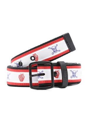 Zwarte, witte en rode riem met zwarte gesp, met rode aardbei- en paarse doodskop- en gekruiste beenderpatronen over de gehele lengte.