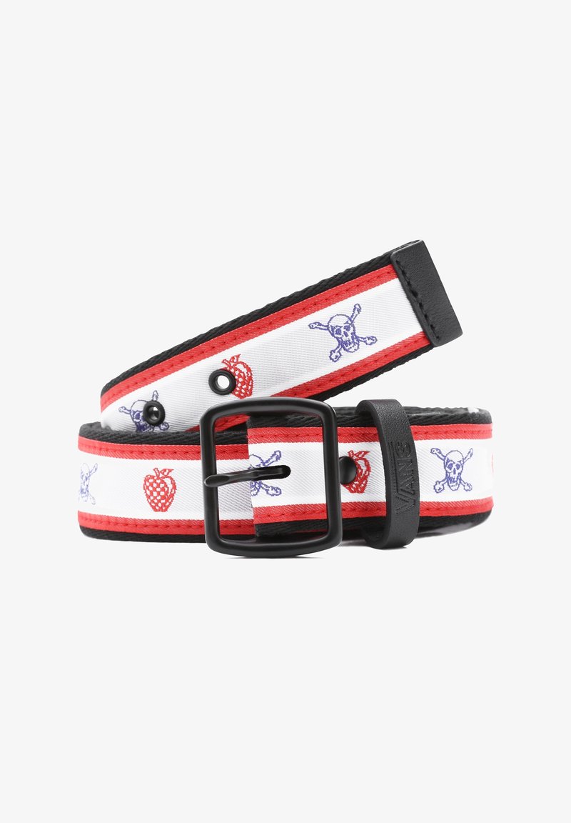 Ceinture noire, blanche et rouge avec boucle noire, ornée de motifs de fraises rouges et de crânes violets avec os croisés le long de toute sa longueur.