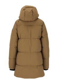 Bruine pufferjas met capuchon, gewatteerde textuur en elastische manchetten. Het ontwerp is oversized met een middellange snit.