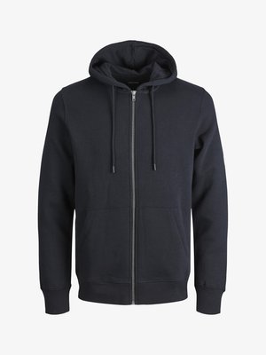 Haut à capuche zippé noir en mélange de coton, avec une capuche doublée, des poches kangourou, des poignets côtelés et un ourlet côtelé pour un ajustement confortable.