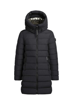 Zwarte gepofte jas met een hoge kraag, een rits aan de voorkant en twee zijzakken; heeft een glanzende zilveren voering aan de binnenkant van de capuchon.